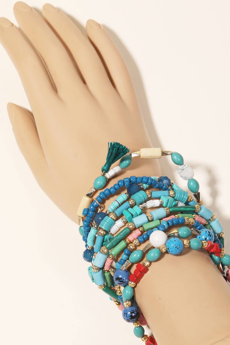 Boho Multi Bead Tassel Bracelet Set