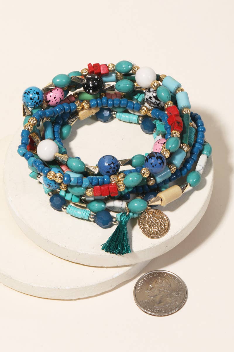 Boho Multi Bead Tassel Bracelet Set